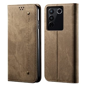pudini luxury denim leather finish flip cover for vivo v27 pro  vivo v27 wallet case cards slot with magnetic closer kickstand flip cover 360 protection - khaki