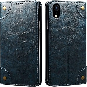 pu leather wallet folio case for apple iphone xr 61 inch flip cover book design pouch with stand amp card slot magnetic push closure - blue