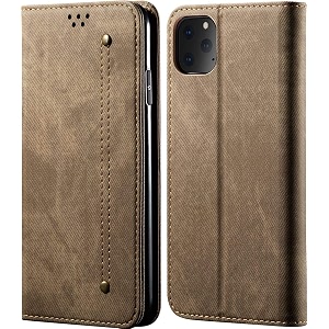 pudini luxury denim leather finish flip cover for apple iphone 11 pro max 65 wallet case cards slot with magnetic closer kickstand flip cover 360 protection - khaki