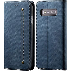 pudini luxury denim leather finish flip cover for samsung galaxy s10 wallet case cards slot with magnetic closer kickstand flip cover 360 protection - blue