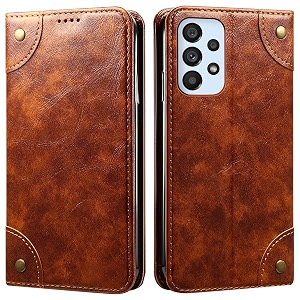 pu leather wallet folio case for samsung galaxy a53 5g flip cover book design pouch with stand amp card slot magnetic push closure - brown