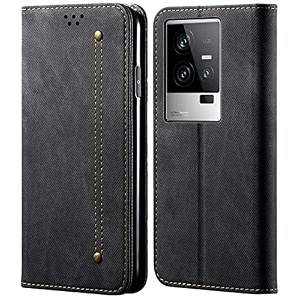 pudini luxury denim leather finish flip cover for iqoo 11 5g wallet case cards slot with magnetic closer kickstand flip cover 360 protection - black