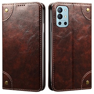 pu leather wallet folio case for oneplus 9r 5g flip cover book design pouch with stand amp card slot magnetic push closure - coffee