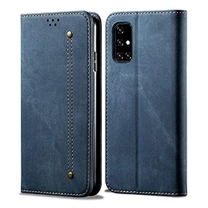 pudini luxury denim leather finish flip cover for samsung galaxy a71 wallet case cards slot with magnetic closer kickstand flip cover 360 protection - blue