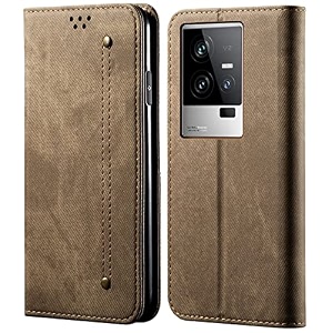 pudini luxury denim leather finish flip cover for iqoo 11 5g wallet case cards slot with magnetic closer kickstand flip cover 360 protection - khaki