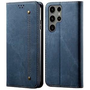 pudini luxury denim leather finish flip cover for samsung galaxy s23 ultra wallet case cards slot with magnetic closer kickstand flip cover 360 protection - blue