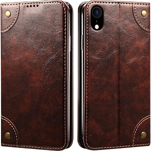 pu leather wallet folio case for apple iphone xr 61 inch flip cover book design pouch with stand amp card slot magnetic push closure - coffee