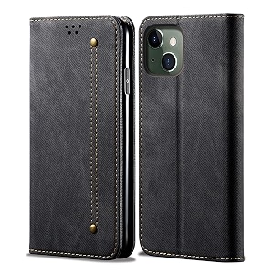 pudini luxury denim leather finish flip cover for apple iphone 13 wallet case cards slot with magnetic closer kickstand flip cover 360 protection - black