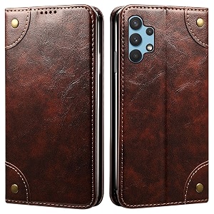 pu leather wallet folio case for samsung galaxy a32 flip cover book design pouch with stand amp card slot magnetic push closure - coffee