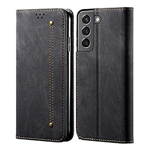 pudini luxury denim leather finish flip cover for samsung galaxy s21 fe 5g wallet case cards slot with magnetic closer kickstand flip cover 360 protection - black