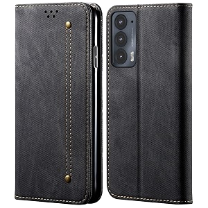 pudini luxury denim leather finish flip cover for motorola edge 20 wallet case cards slot with magnetic closer kickstand flip cover 360 protection - black
