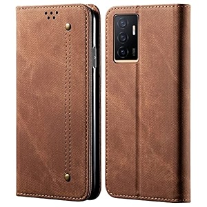 pudini luxury denim leather finish flip cover for xiaomi mi 11 ultra wallet case cards slot with magnetic closer kickstand flip cover 360 protection - brown