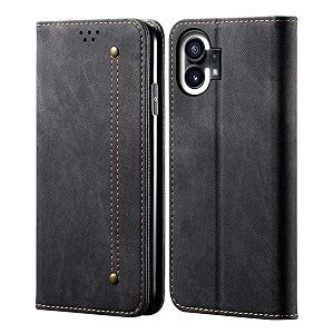 pudini luxury denim leather finish flip cover for nothing phone 1 wallet case cards slot with magnetic closer kickstand flip cover 360 protection - black