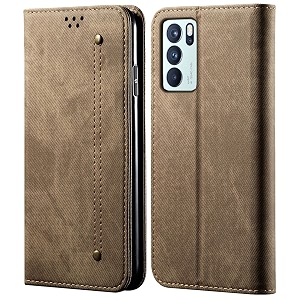 pudini luxury denim leather finish flip cover for oppo reno6 pro 5g  reno 6 pro 5g wallet case cards slot with magnetic closer kickstand flip cover 360 protection - khaki