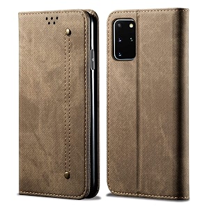 pudini luxury denim leather finish flip cover for samsung galaxy s20  galaxy s20 plus wallet case cards slot with magnetic closer kickstand flip cover 360 protection - khaki