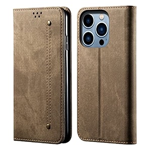 pudini luxury denim leather finish flip cover for apple iphone 14 pro wallet case cards slot with magnetic closer kickstand flip cover 360 protection - khaki