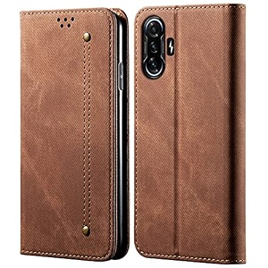 pudini luxury denim leather finish flip cover for poco f3 gt wallet case cards slot with magnetic closer kickstand flip cover 360 protection - brown
