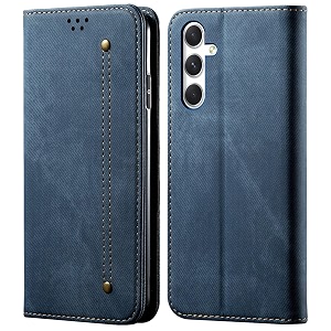 pudini luxury denim leather finish flip cover for samsung galaxy a54 5g wallet case cards slot with magnetic closer kickstand flip cover 360 protection - blue