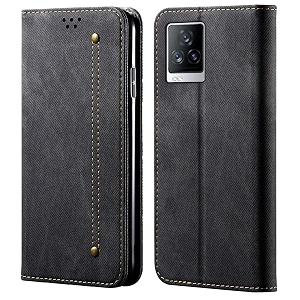 pudini luxury denim leather finish flip cover for iqoo 7 legend 5g wallet case cards slot with magnetic closer kickstand flip cover 360 protection - black