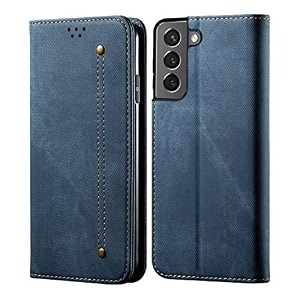 pudini luxury denim leather finish flip cover for samsung galaxy s21 fe 5g wallet case cards slot with magnetic closer kickstand flip cover 360 protection - blue