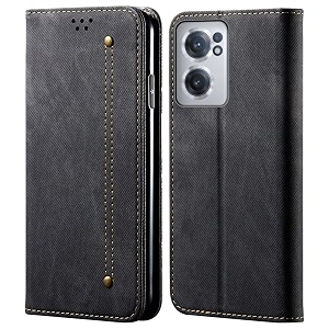 pudini luxury denim leather finish flip cover for oneplus nord ce 2 5g wallet case cards slot with magnetic closer kickstand flip cover 360 protection - black