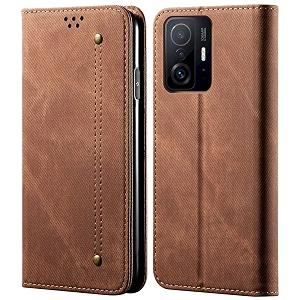 pudini luxury denim leather finish flip cover for xiaomi 11t pro 5g wallet case cards slot with magnetic closer kickstand flip cover 360 protection - brown