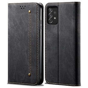 pudini luxury denim leather finish flip cover for samsung galaxy a73 5g wallet case cards slot with magnetic closer kickstand flip cover 360 protection - black