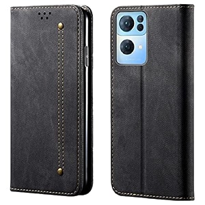pudini luxury denim leather finish flip cover for oppo reno7 pro 5g  reno 7 pro 5g wallet case cards slot with magnetic closer kickstand flip cover 360 protection - black