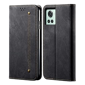 pudini luxury denim leather finish flip cover for oneplus 10r wallet case cards slot with magnetic closer kickstand flip cover 360 protection - black