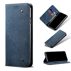 pudini luxury denim leather finish flip cover for vivo x70 pro wallet case cards slot with magnetic closer kickstand flip cover 360 protection - blue