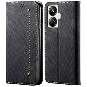 pudini luxury denim leather finish flip cover for realme 10 pro 5g  10 pro plus 5g wallet case cards slot with magnetic closer kickstand flip cover 360 protection - black