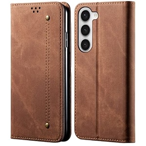 pudini luxury denim leather finish flip cover for samsung galaxy s23  galaxy s23 plus wallet case cards slot with magnetic closer kickstand flip cover 360 protection - brown