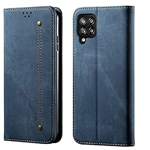 pudini luxury denim leather finish flip cover for samsung galaxy m42 5g wallet case cards slot with magnetic closer kickstand flip cover 360 protection - blue