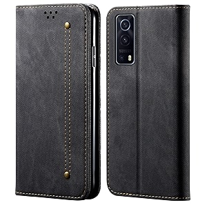 pudini luxury denim leather finish flip cover for iqoo z3 5g wallet case cards slot with magnetic closer kickstand flip cover 360 protection - black