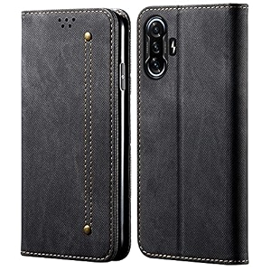 pudini luxury denim leather finish flip cover for poco f3 gt wallet case cards slot with magnetic closer kickstand flip cover 360 protection - black