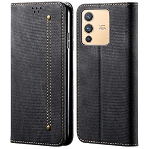 pudini luxury denim leather finish flip cover for vivo v23 pro 5g wallet case cards slot with magnetic closer kickstand flip cover 360 protection - black