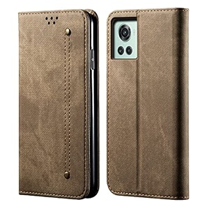 pudini luxury denim leather finish flip cover for oneplus 10r wallet case cards slot with magnetic closer kickstand flip cover 360 protection - khaki