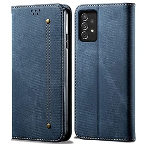 pudini luxury denim leather finish flip cover for samsung galaxy a53 5g wallet case cards slot with magnetic closer kickstand flip cover 360 protection - blue