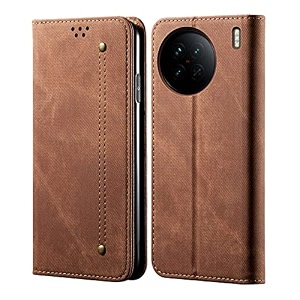 pudini luxury denim leather finish flip cover for vivo x90 pro wallet case cards slot with magnetic closer kickstand flip cover 360 protection - brown
