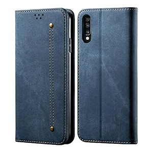 pudini luxury denim leather finish flip cover for samsung galaxy a70  galaxy a70s wallet case cards slot with magnetic closer kickstand flip cover 360 protection - blue