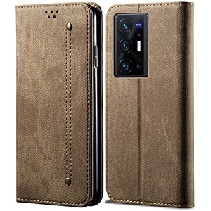 pudini luxury denim leather finish flip cover for vivo x70 pro  vivo x70 pro plus wallet case cards slot with magnetic closer kickstand flip cover 360 protection - khaki