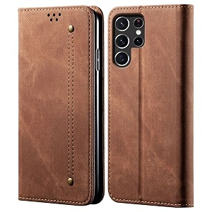pudini luxury denim leather finish flip cover for samsung galaxy s22 ultra wallet case cards slot with magnetic closer kickstand flip cover 360 protection - brown