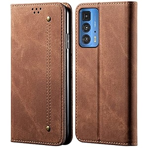pudini luxury denim leather finish flip cover for motorola edge 20 pro wallet case cards slot with magnetic closer kickstand flip cover 360 protection - brown
