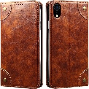 pu leather wallet folio case for apple iphone xr 61 inch flip cover book design pouch with stand amp card slot magnetic push closure - brown