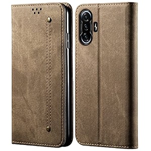 pudini luxury denim leather finish flip cover for poco f3 gt wallet case cards slot with magnetic closer kickstand flip cover 360 protection - khaki