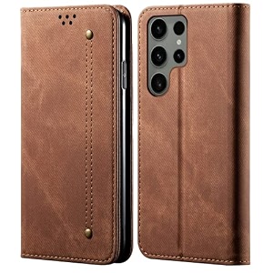 pudini luxury denim leather finish flip cover for samsung galaxy s23 ultra wallet case cards slot with magnetic closer kickstand flip cover 360 protection - brown