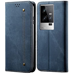 pudini luxury denim leather finish flip cover for iqoo 11 5g wallet case cards slot with magnetic closer kickstand flip cover 360 protection - blue