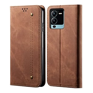 pudini luxury denim leather finish flip cover for vivo v25 pro wallet case cards slot with magnetic closer kickstand flip cover 360 protection - brown