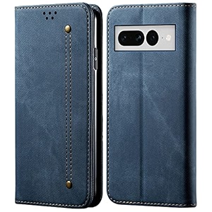 pudini luxury denim leather finish flip cover for google pixel 7 pro wallet case cards slot with magnetic closer kickstand flip cover 360 protection - blue