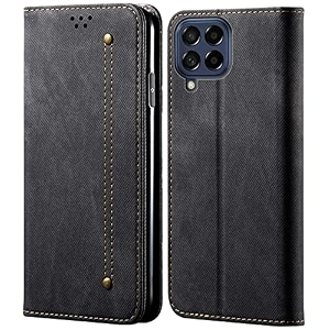 pudini luxury denim leather finish flip cover for samsung galaxy m33 5g wallet case cards slot with magnetic closer kickstand flip cover 360 protection - black